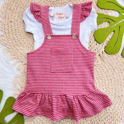 Conj. Body em Linho e Salopete Xadrez - Vermelho